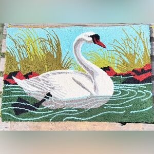 Vintage Hand Hooked Wool Rug-Swan/Water Scene Folk Art 24x36